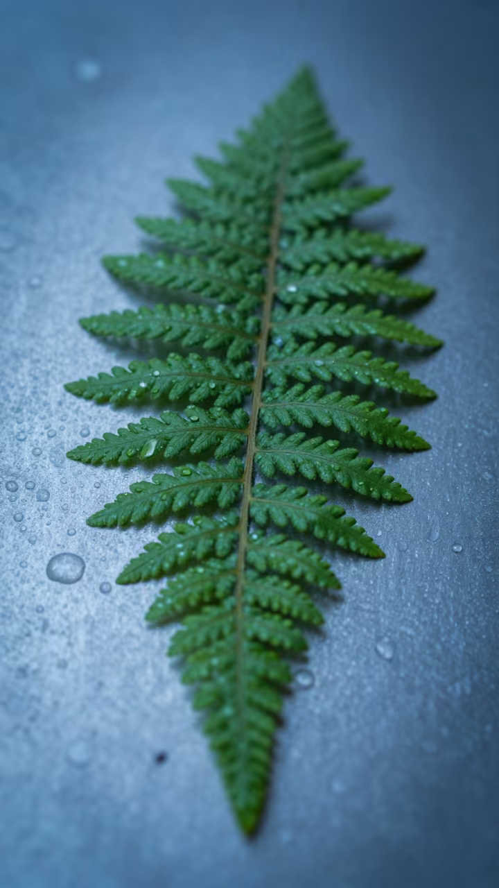 Fern Spine Pearls in Blue Hour Light in across a rain-beaded metal surface near al-Bab