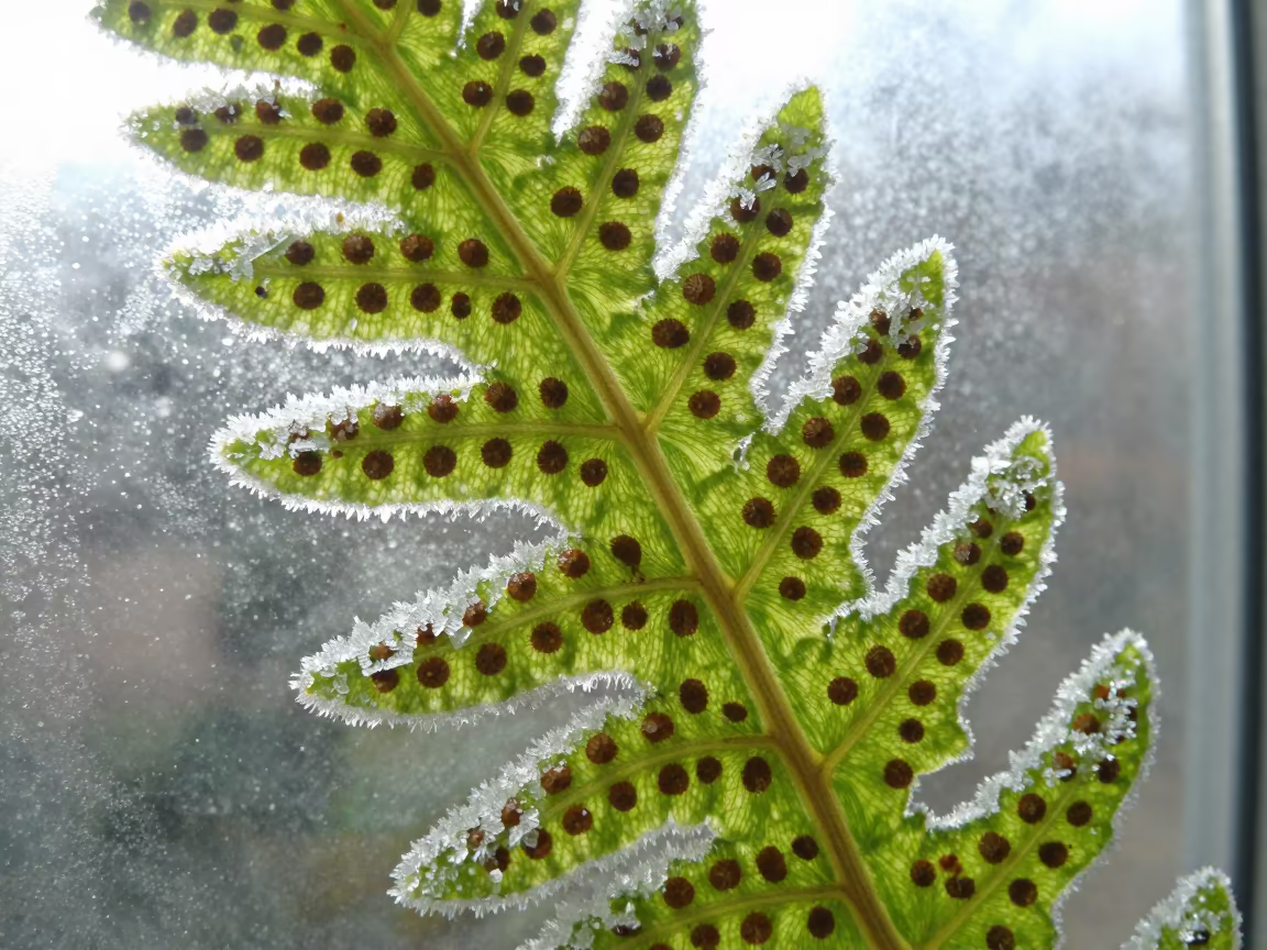 Fern Spore Pattern on Frost Window in along a frost-edged windowpane in Marseille