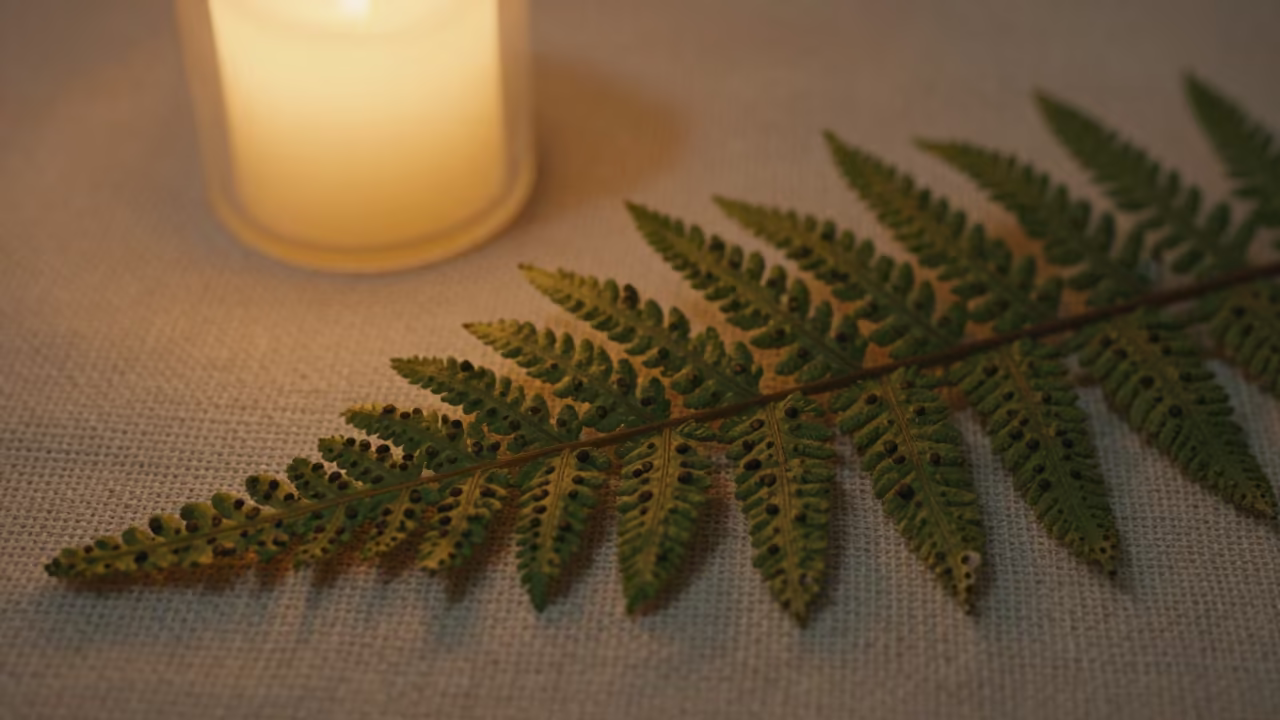Fern Spore Pattern on Linen in Candlelight in against woven linen fibers near Honiara