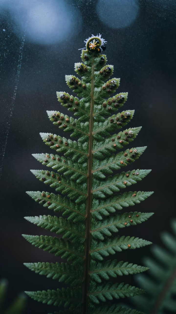 Fern Spore Pattern Macro at Blue Hour in along a frost-edged windowpane in Bloléquin