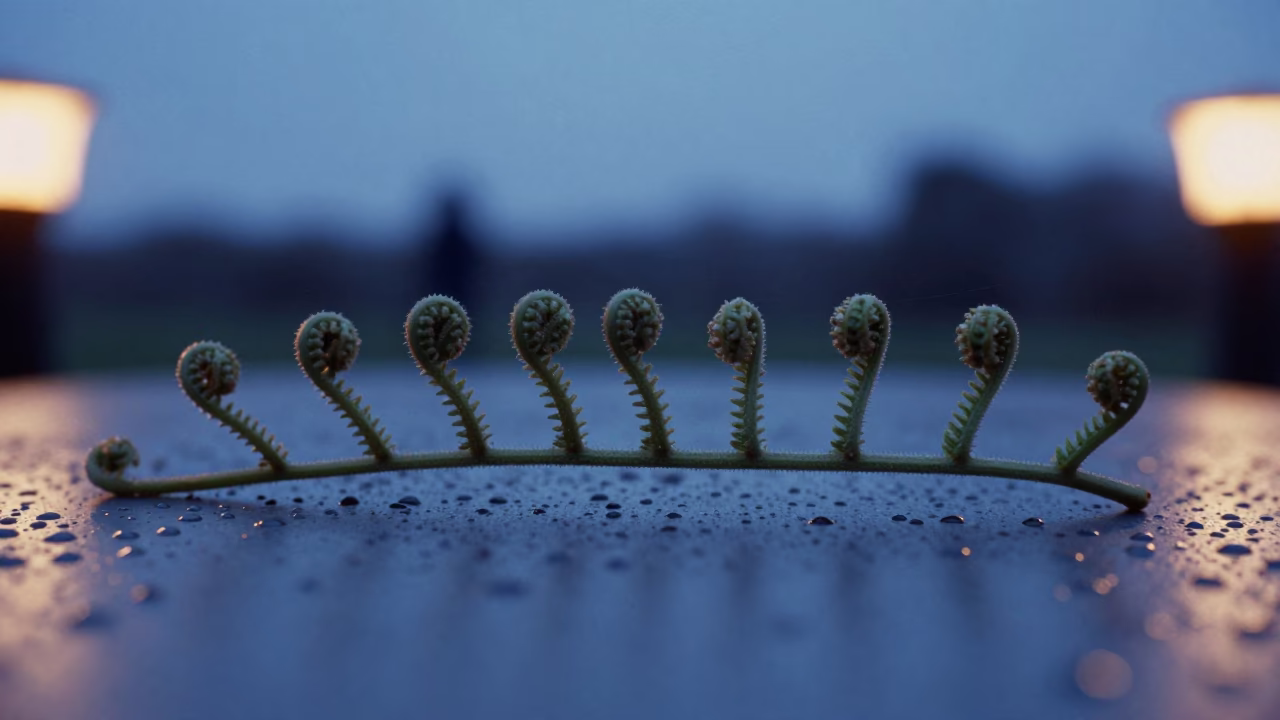 Fern Spores Under Blue Twilight Light in across a rain-beaded metal surface in Guadalupe