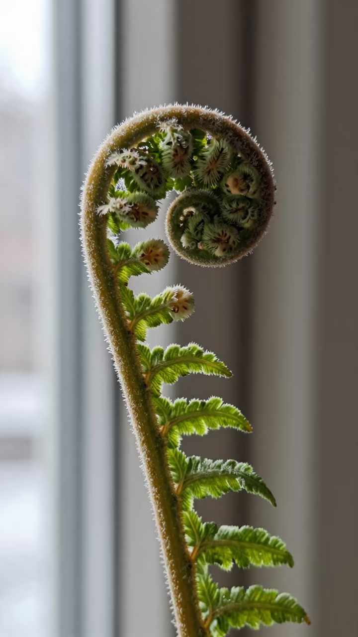 Fern Spores Under Curled Frond Window Light in along a frost-edged windowpane near Oshawa