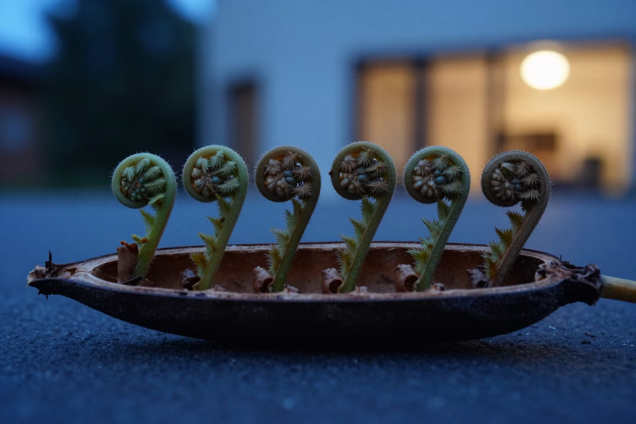 Fern Spores Under Curled Frond in Dim Light in inside a seed pod split open near Toubab Dialaw