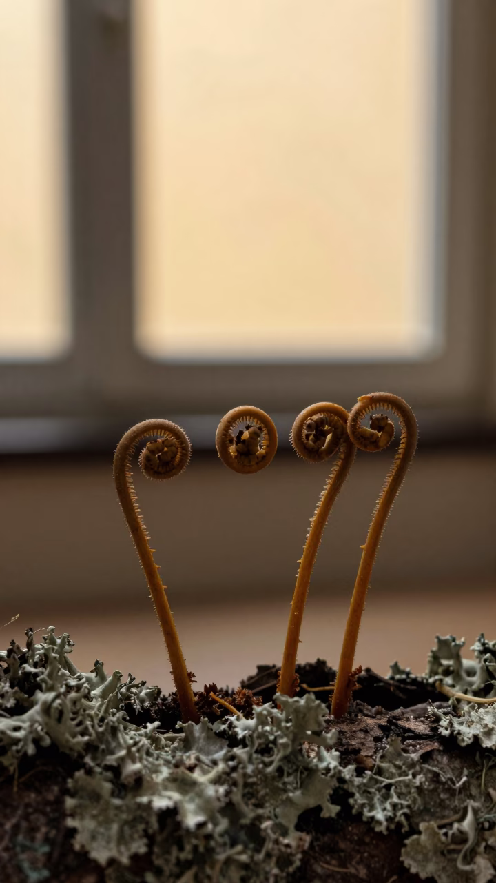 Fern Spores Under Curled Frond in Honey Light in on lichen-covered bark near Raqqa