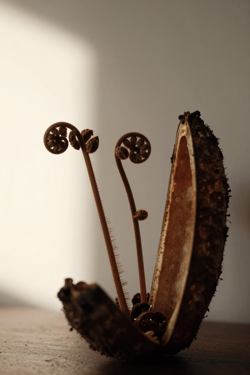 Fern Spores Under Frond in Aktobe Seed Pod in inside a seed pod split open in Aktobe