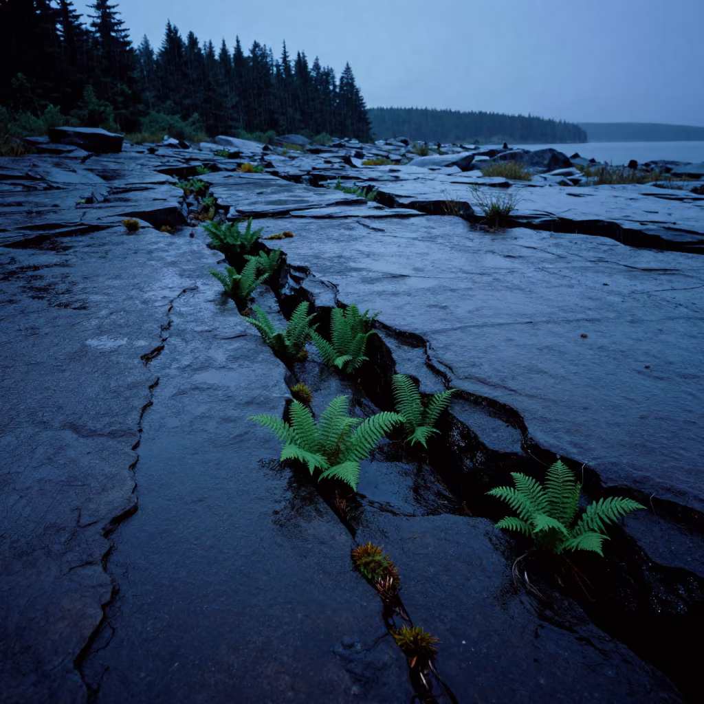 Ferns in Limestone Fissures Maine Twilight in in Maine