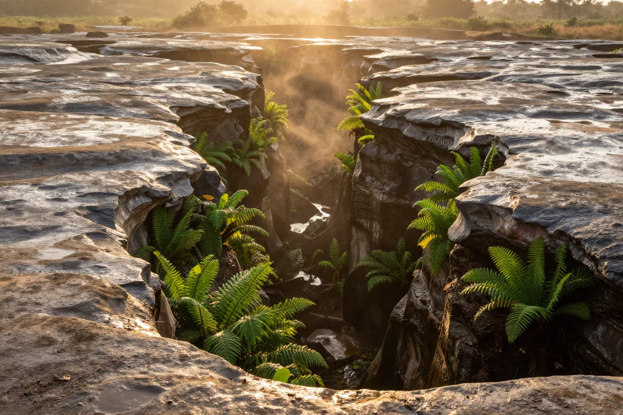 Ferns in Limestone Fissures Togo Rainy Dawn in in Togo