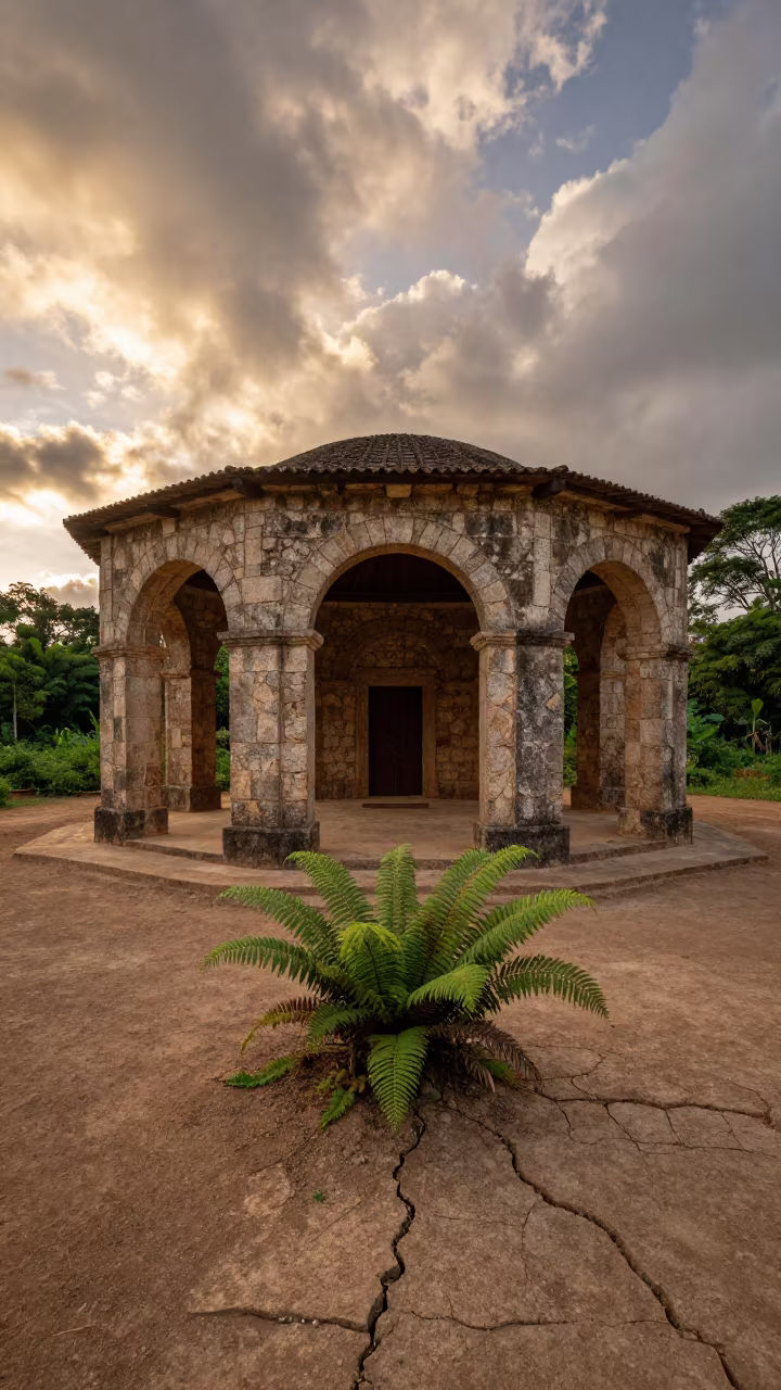Ferns Reclaim Roofless Nave at Sunset in inside a roofless nave near Huambo