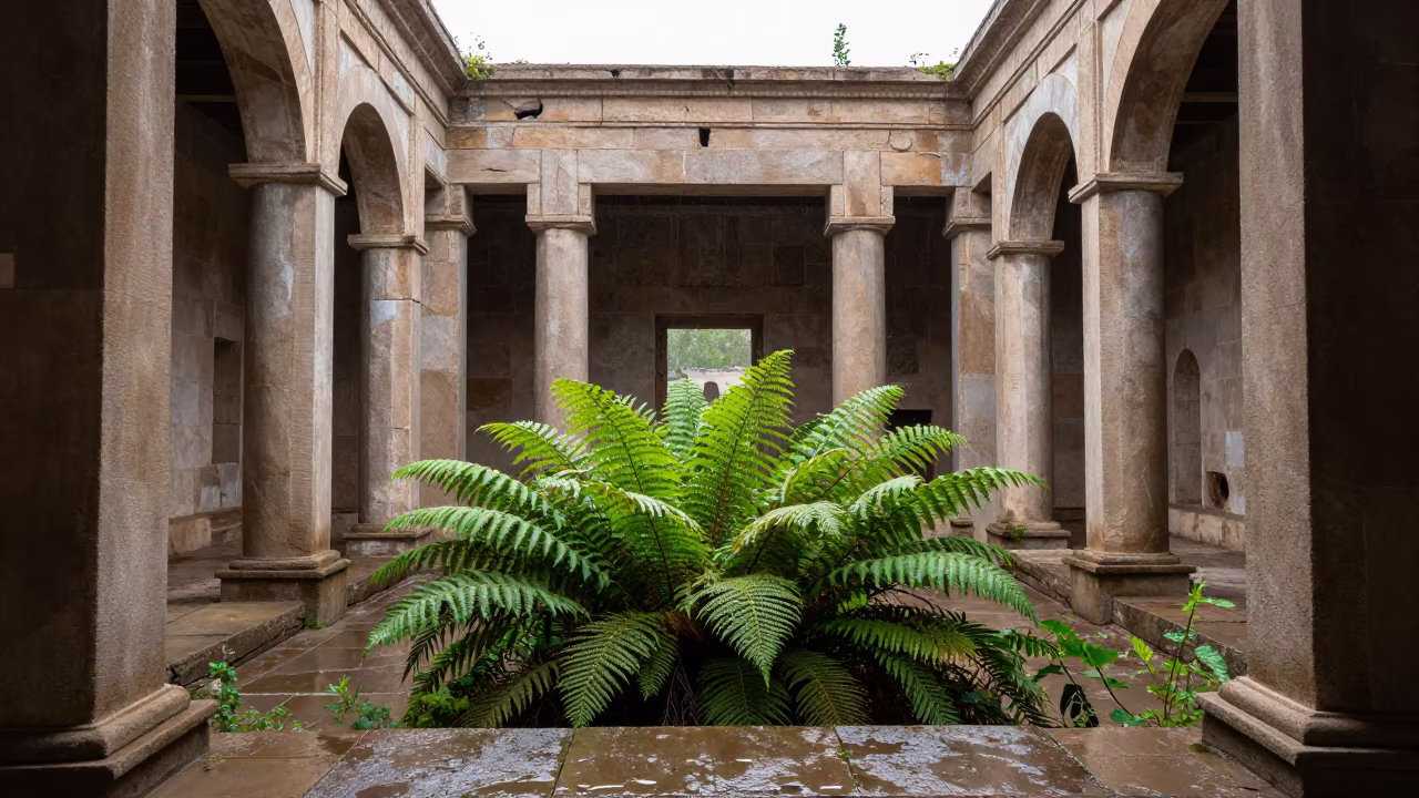 Ferns Growing in Turkmenistan Abandoned Court Ruins in through an abandoned ceremonial court in Turkmenistan
