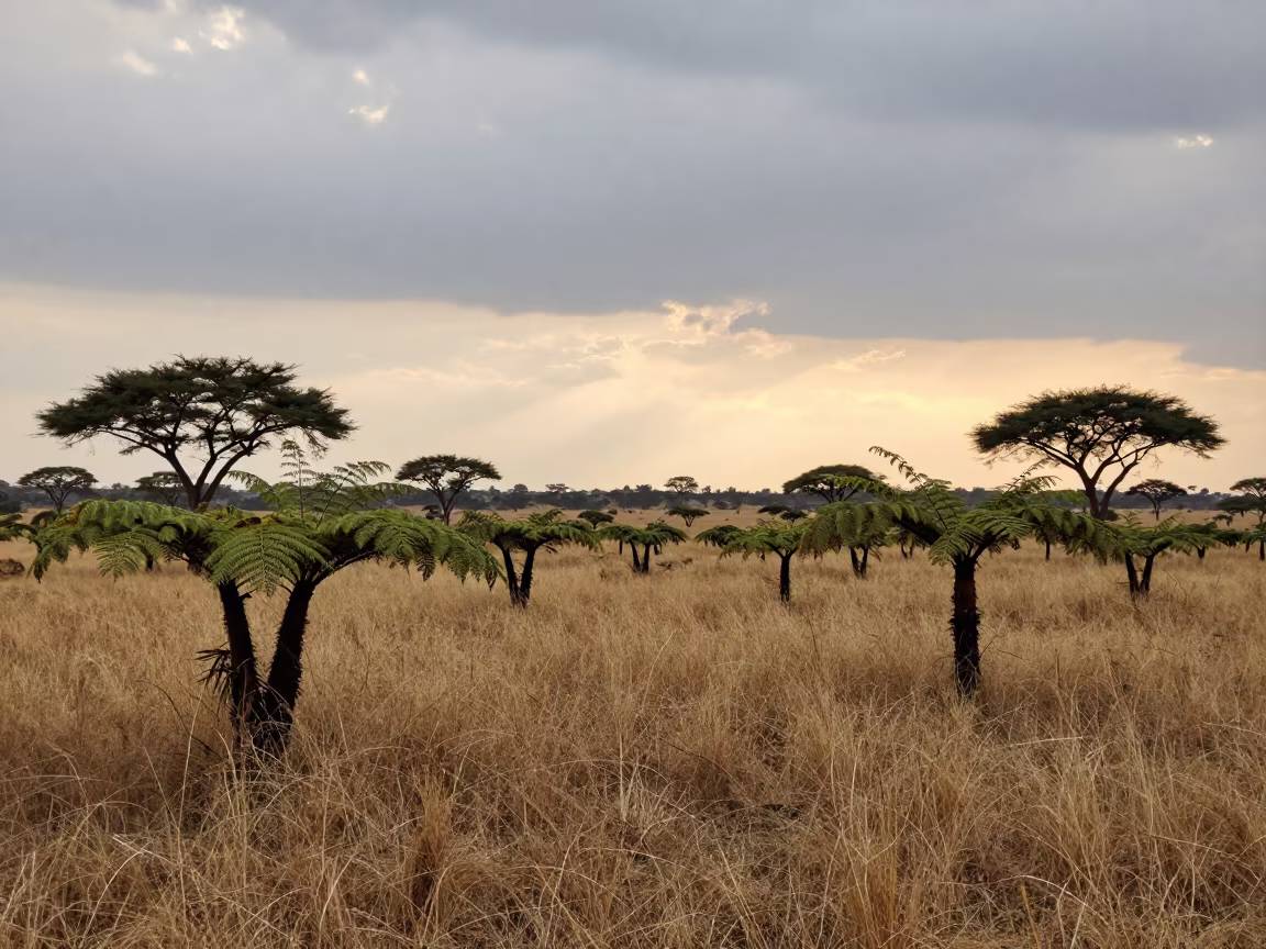 Ferns Unfurling in Zimbabwe Meadow Evening in in a bloom-heavy meadow in Zimbabwe