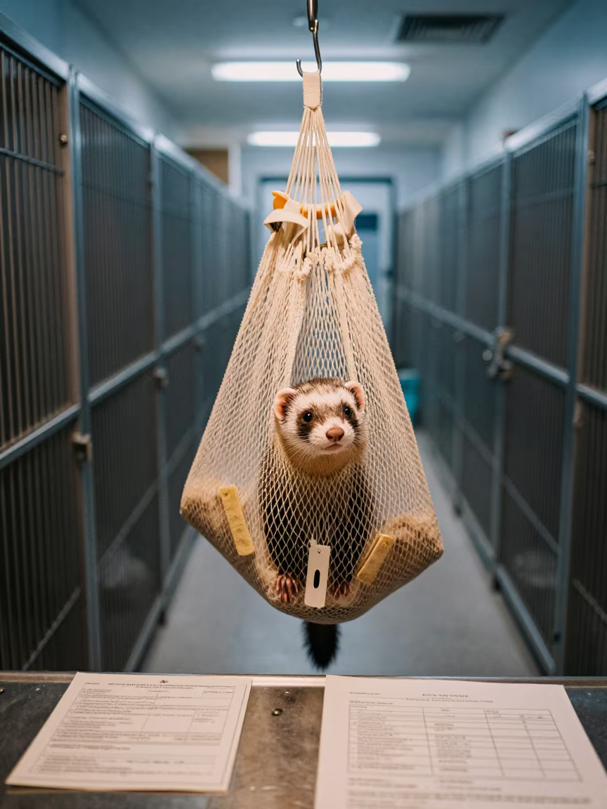 Ferret Hammock in Kennel Corridor Evening Light in in a boarding kennel corridor in Milagro