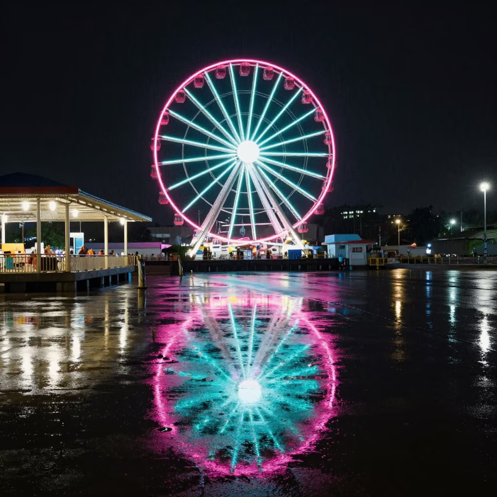 Ferris Wheel Neon Reflection Mumbai Harbor Night in near Fort, Mumbai