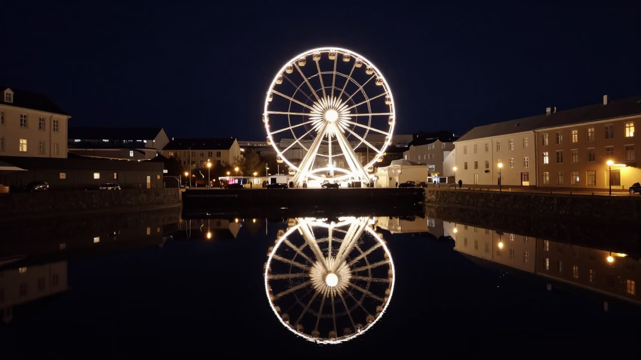 Ferris Wheel Reflection Harbor Night in near Hlemmur, Reykjavik