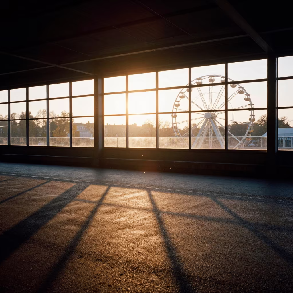 Ferris Wheel Shadow on Gravel at Sunset in inside a restored train terminal in Lubeck