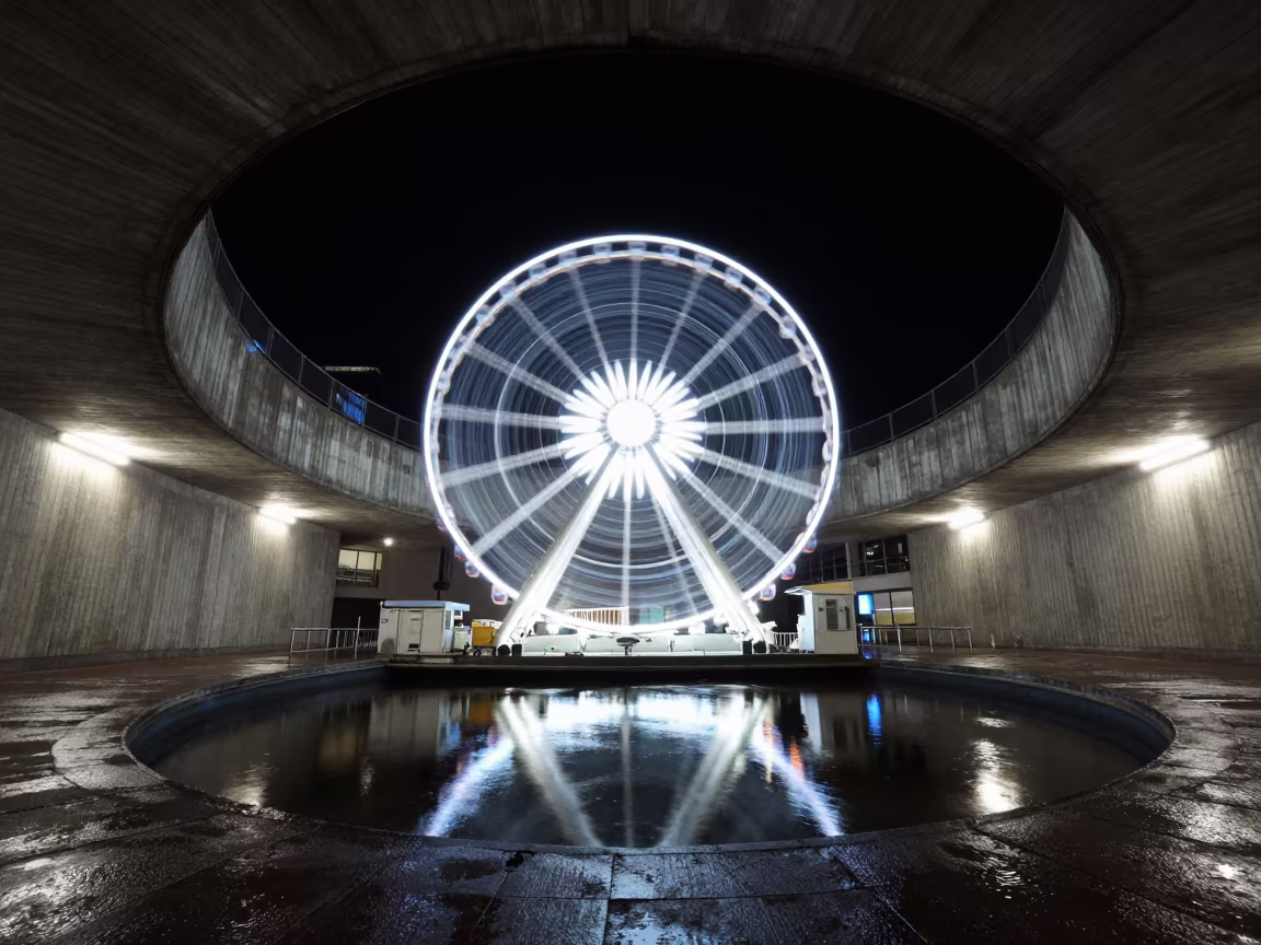 Ferris Wheel Spoke Trails Over Dark Water in inside a ribbed concrete lobby in Tlaquepaque