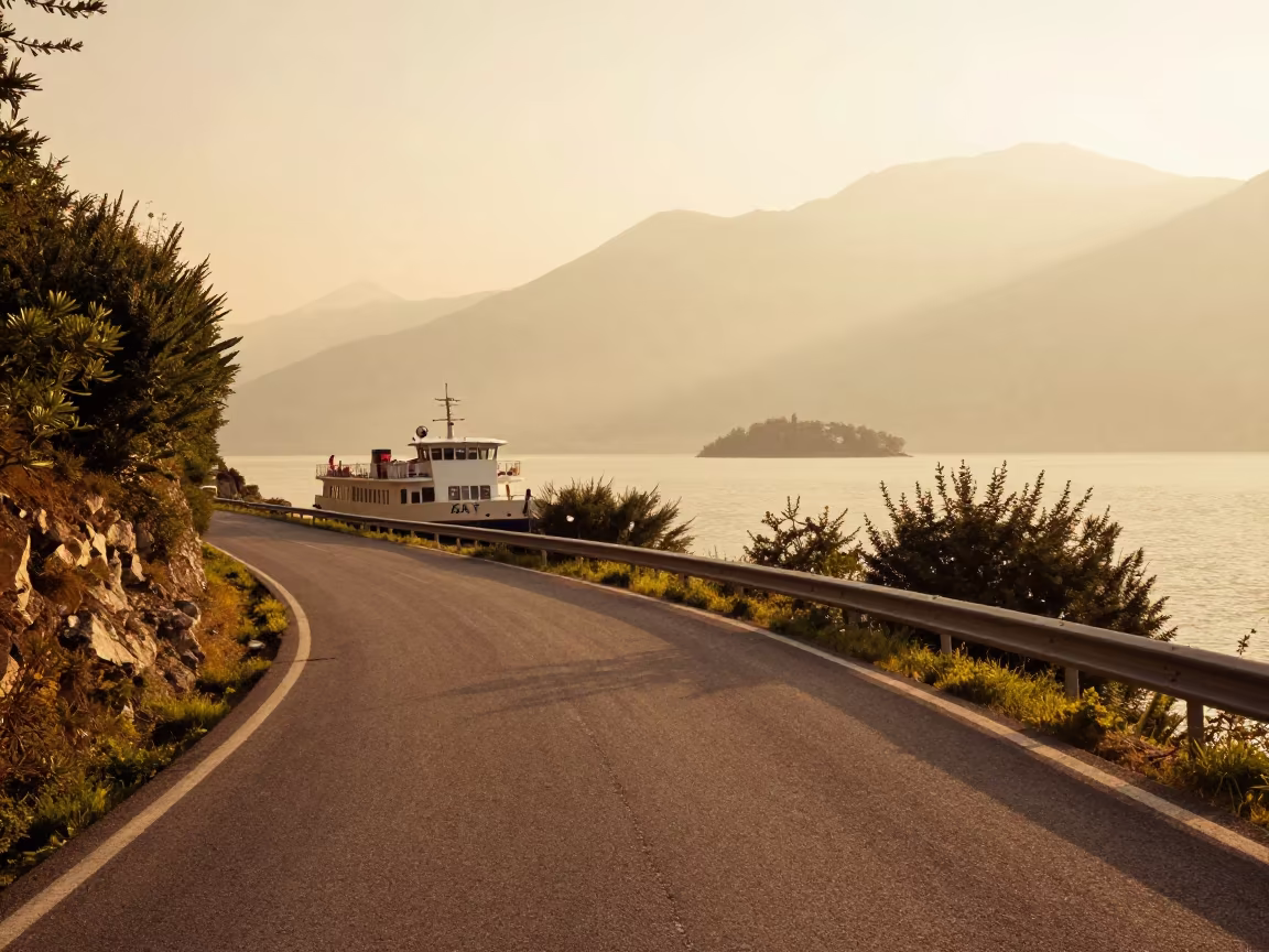 Ferry Approaches Misty Hebridean Island Golden Hour in along a switchback approach in Lombardy