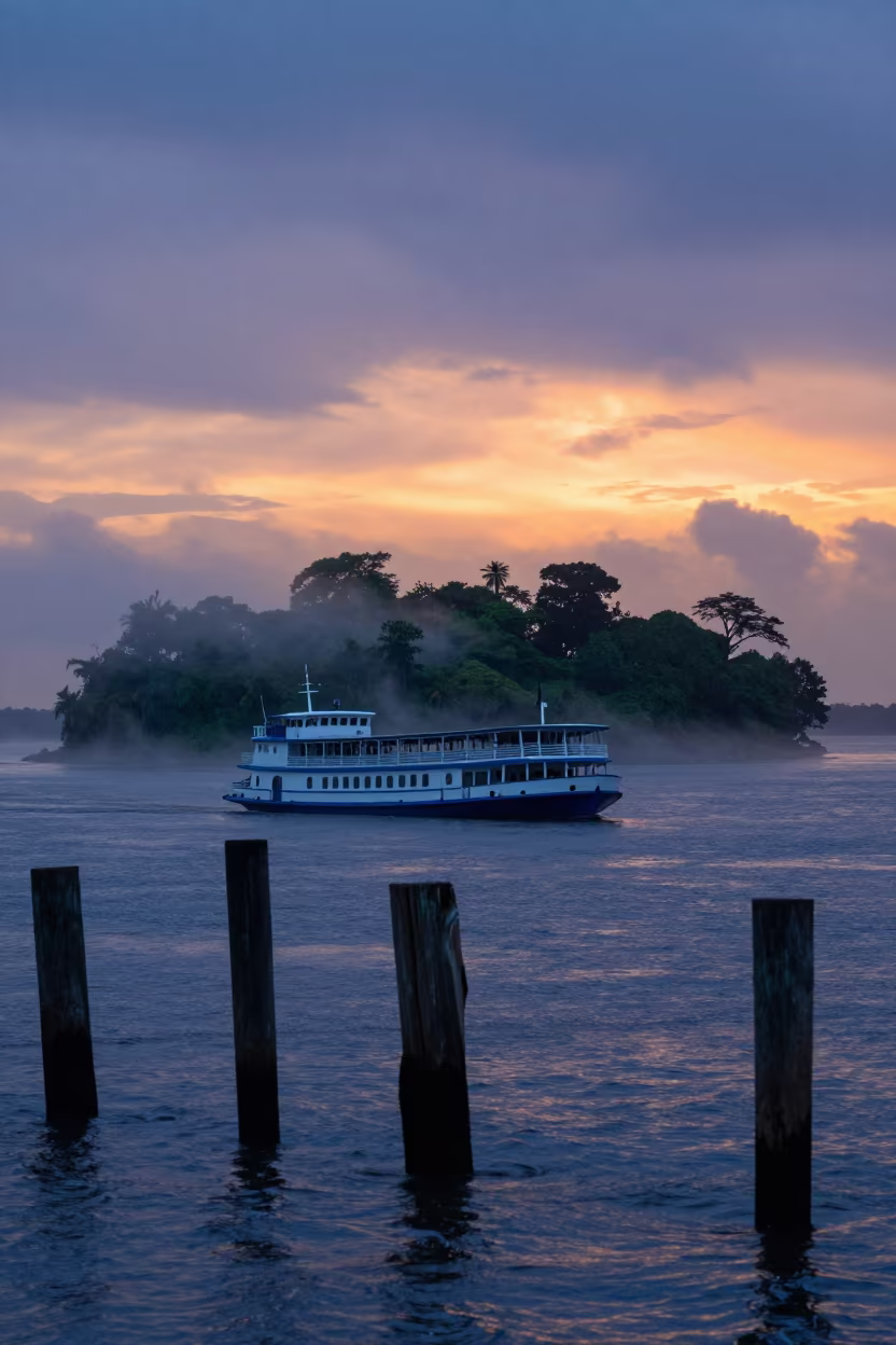Ferry Approaches Misty Island at Dawn in near San Fernando de Apure