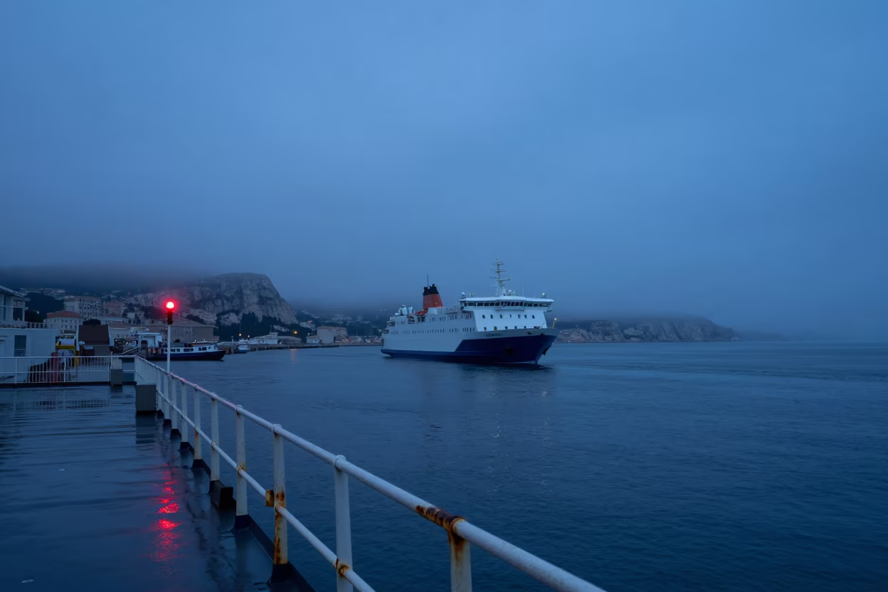 Ferry Approaching Misty Hebridean Island Harbor in beside a fogbound harbor mouth near Marseille