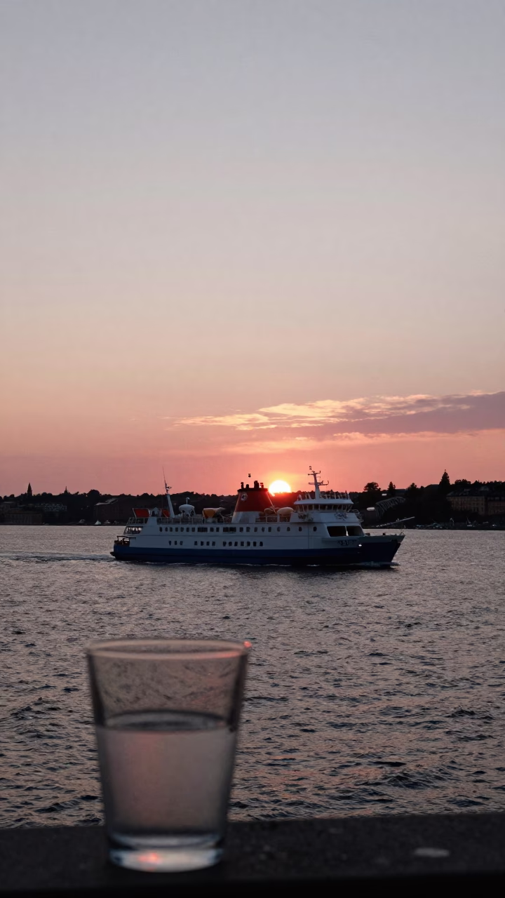 Ferry Approaching Stockholm Archipelago at Sunset with Glass of Champagne in in Stockholm, Sweden