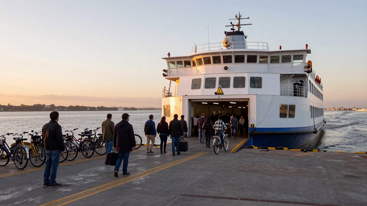 Ferry at Buenos Aires Dock Loading Passengers and Bicycles at Nautical Dawn in in Buenos Aires, Argentina