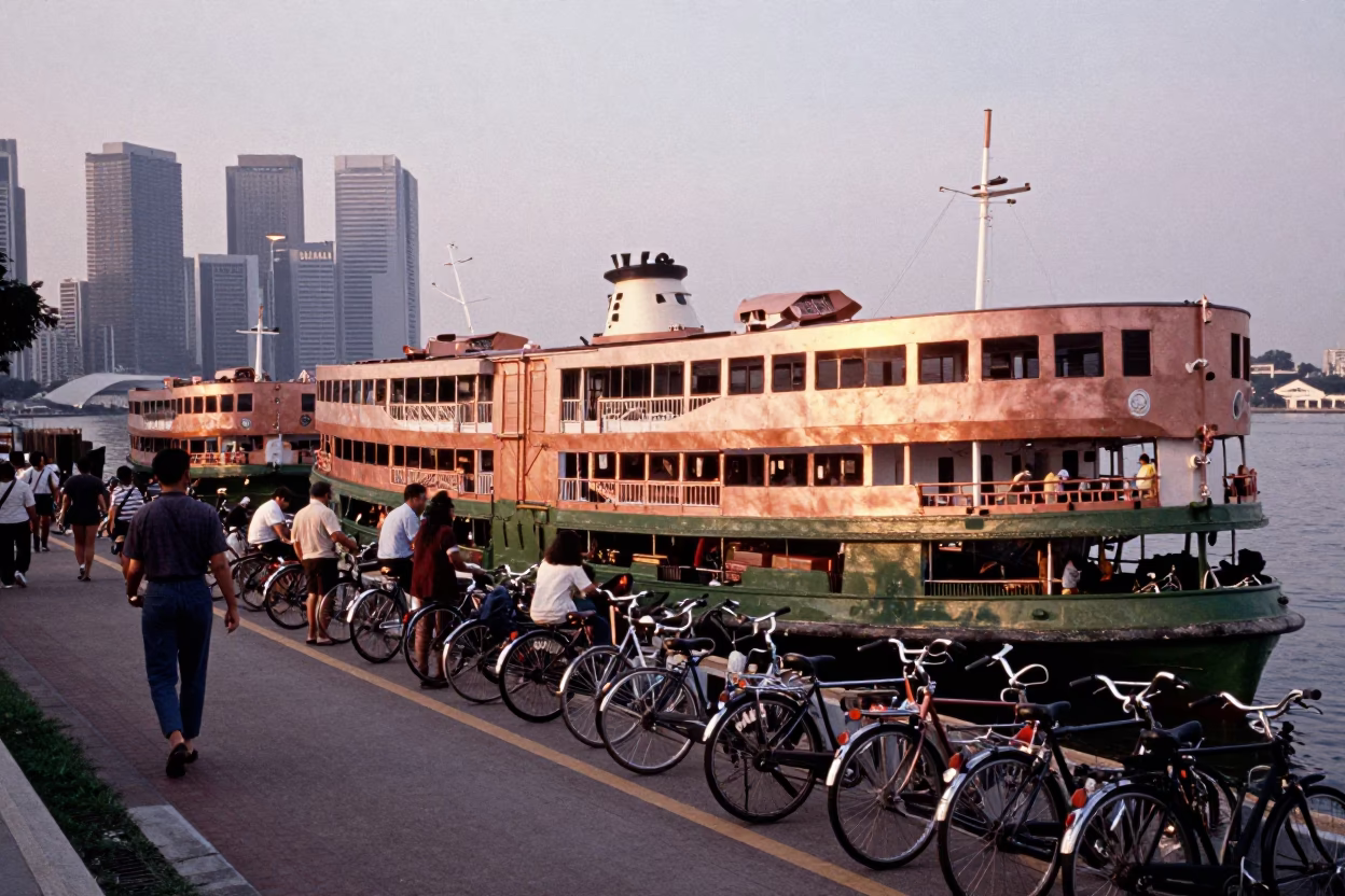 Ferry at Singapore Dock Loading Passengers and Bicycles in Copper Toned Light Before Dusk in in Singapore, Singapore