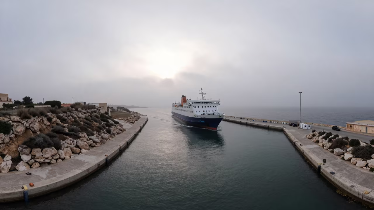 Ferry Crosses Sicilian Strait at Dawn Fog in beside a fogbound harbor mouth in Sicily