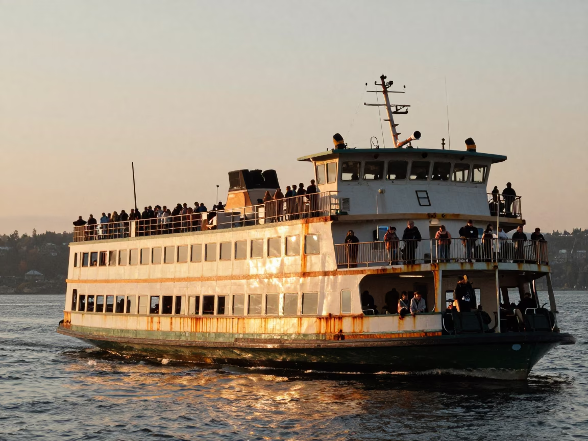 Ferry Crossing in Seattle at Honeyed Evening Light in in Seattle, Washington, United States
