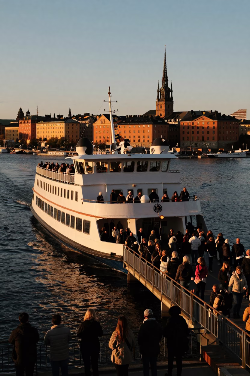 Ferry Crossing in Stockholm at Honeyed Evening Light in in Stockholm, Sweden