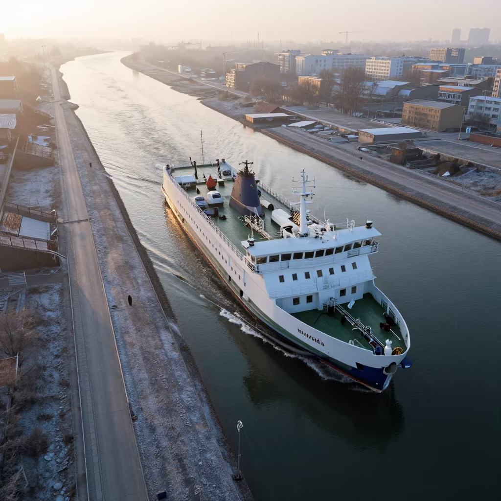 Ferry Crossing Strait at Dawn with Frost in on a wind-open causeway near Fergana