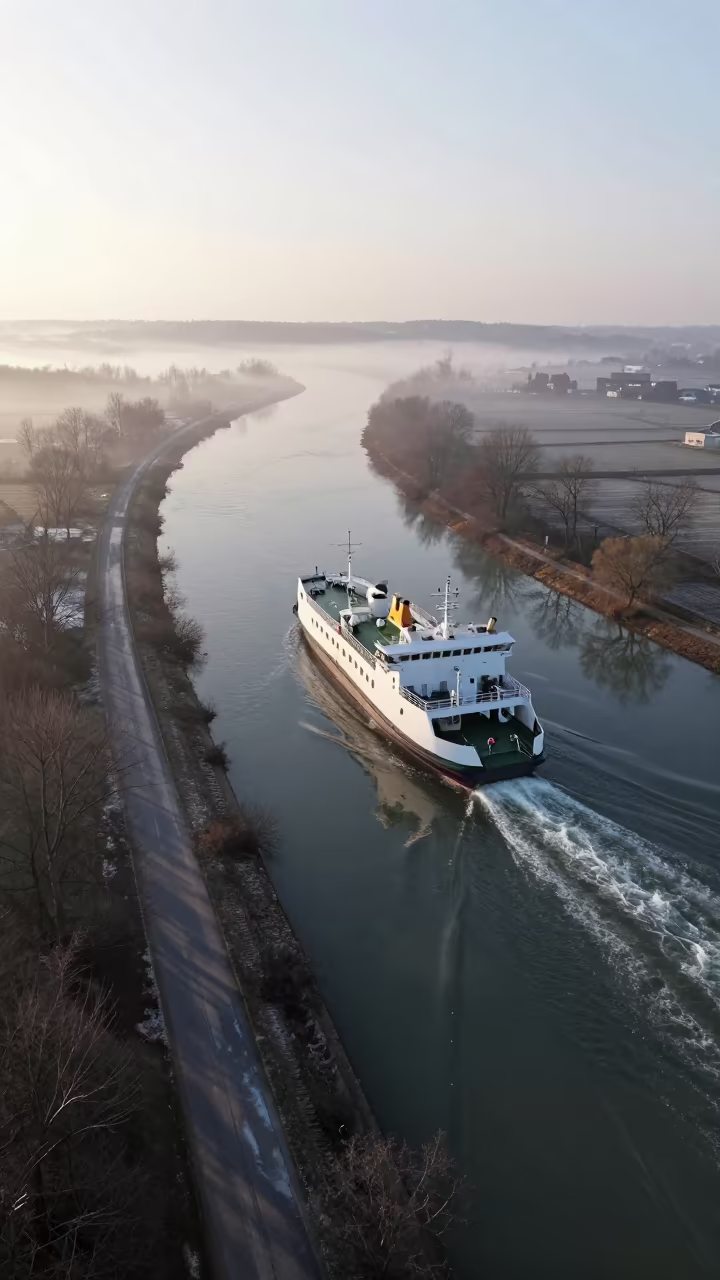 Ferry Crossing Winter Strait at Dawn in along a switchback approach near Dijon