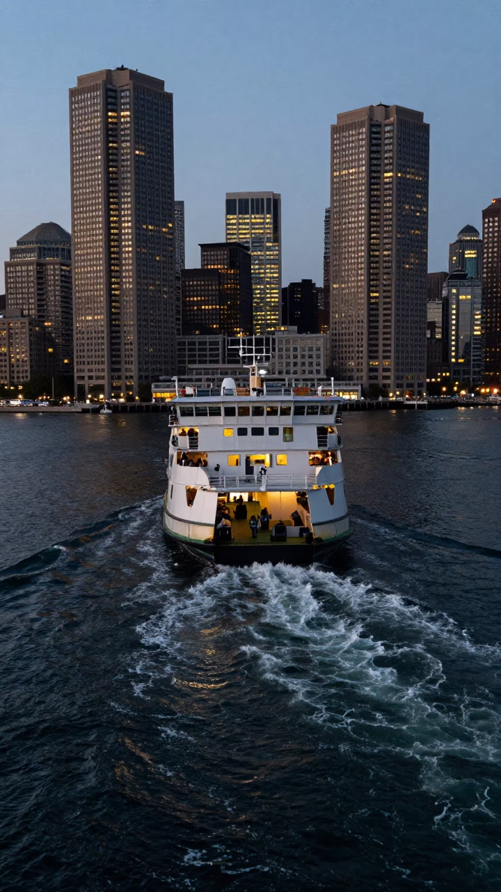 Ferry Departure in Boston at As City Lights Begin To Glow in in Boston, Massachusetts, United States