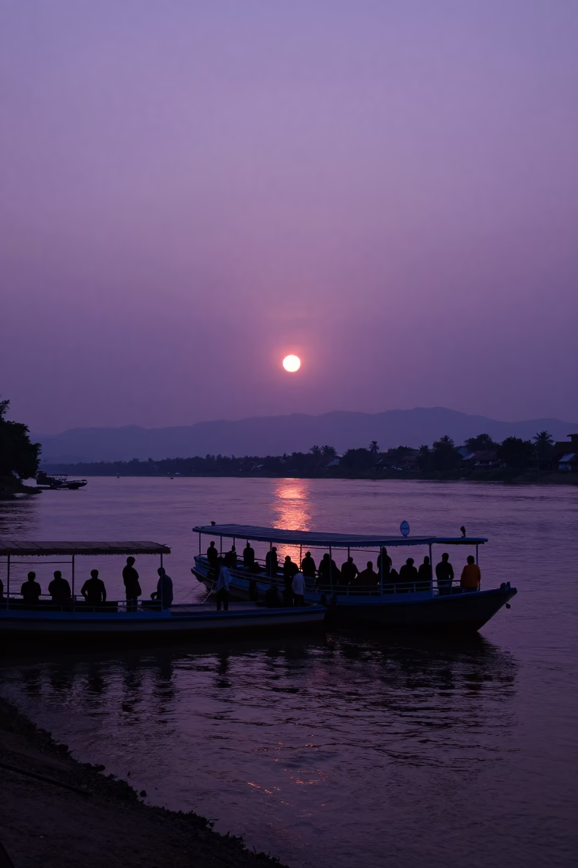 Ferry Departure in Luang Prabang at As The Sun Drops Toward The Horizon in in Luang Prabang, Laos