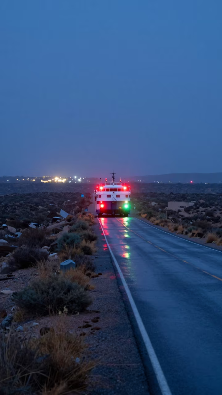 Ferry on Desert Track Under Indigo Twilight Rain in along a switchback approach near Jeddah