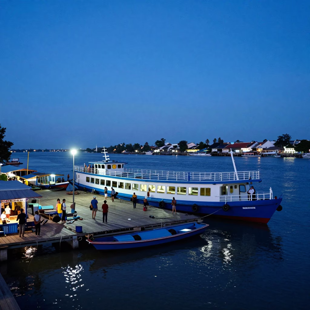 Ferry Dock in Phnom Penh at The Last Blue Light Of Evening in in Phnom Penh, Cambodia