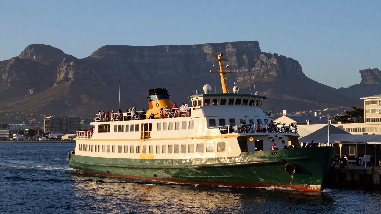 Ferry Docking at Blue Hour Cape Town Table Mountain Background in in Cape Town, South Africa
