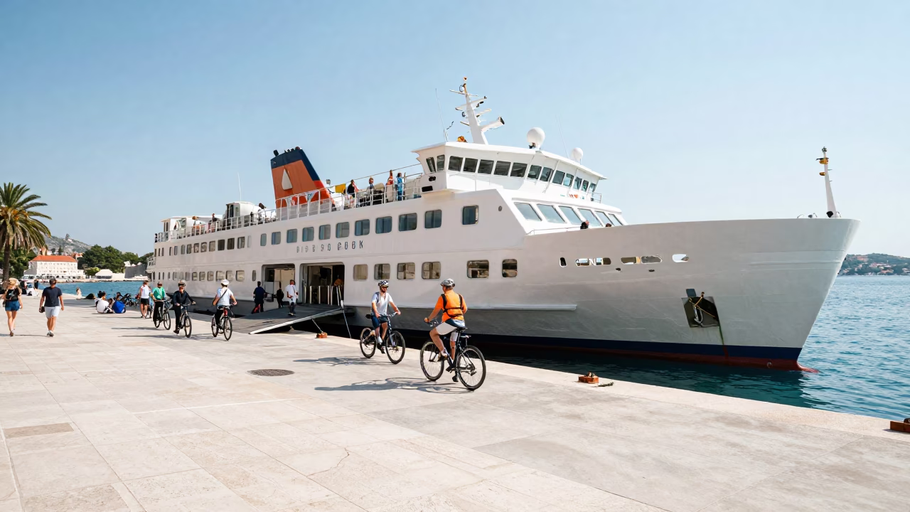 Ferry Docking at Dubrovnik Port With Passengers and Bicycles in Bright Midmorning Light in in Dubrovnik, Croatia