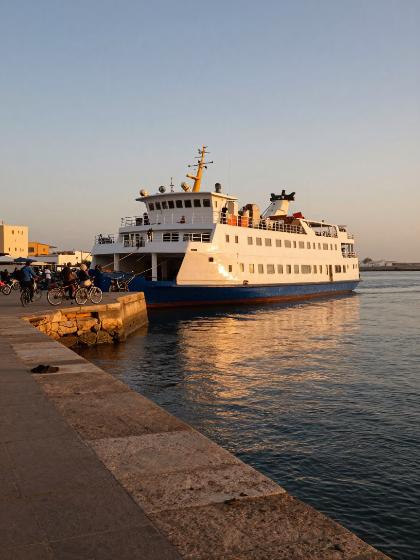 Ferry Docking at Essaouira Port with Bicycles and Passengers in Golden Evening Light in in Essaouira, Morocco