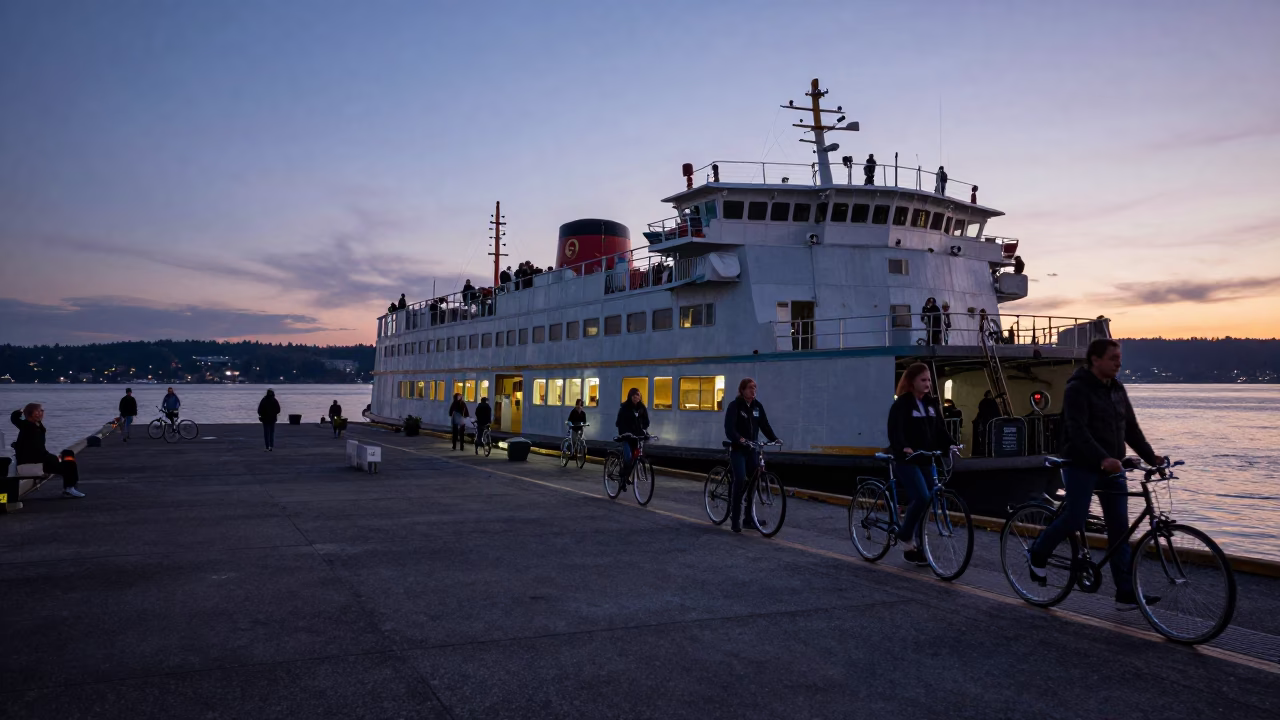 Ferry Docking at Twilight with Bicycles and Passengers in Portland Oregon in in Portland, Oregon, United States