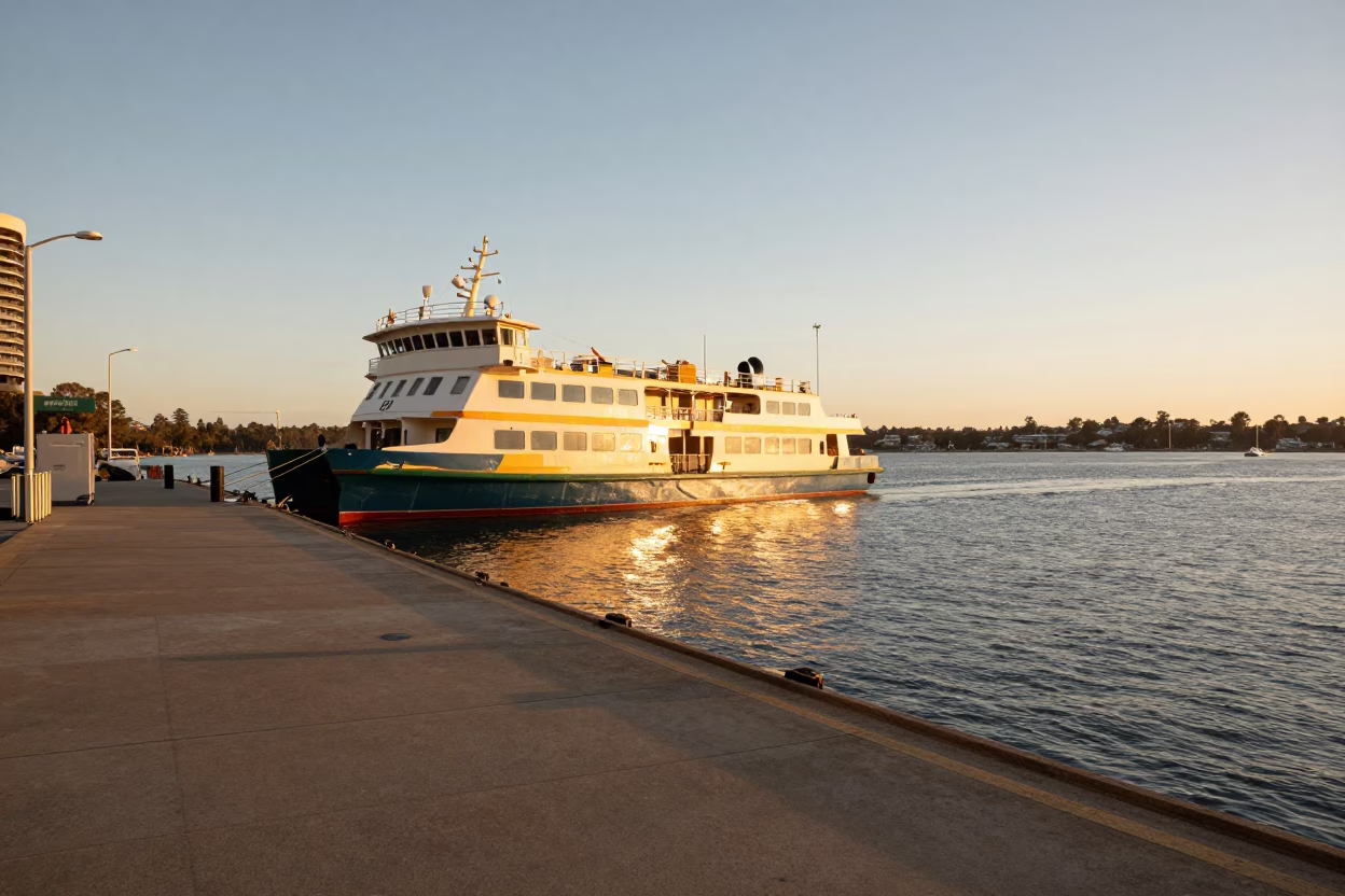 Ferry Docking in Adelaide at Honeyed Evening Light in in Adelaide, South Australia, Australia