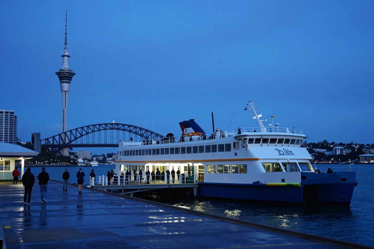 Ferry Docking in Auckland at The Last Blue Light Of Evening in in Auckland, New Zealand