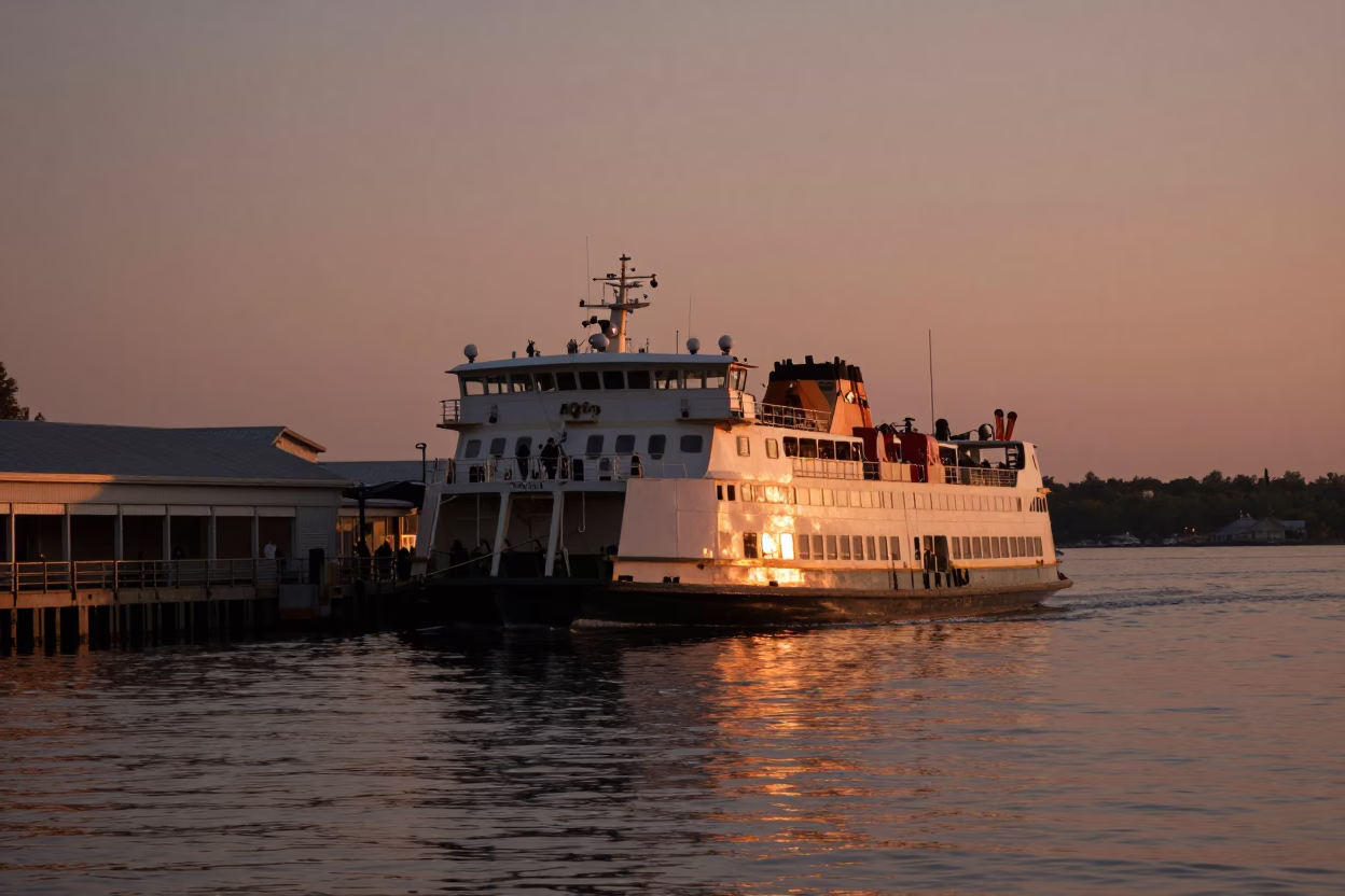 Ferry Docking in Toronto at Copper-toned Light Before Dusk in in Toronto, Ontario, Canada