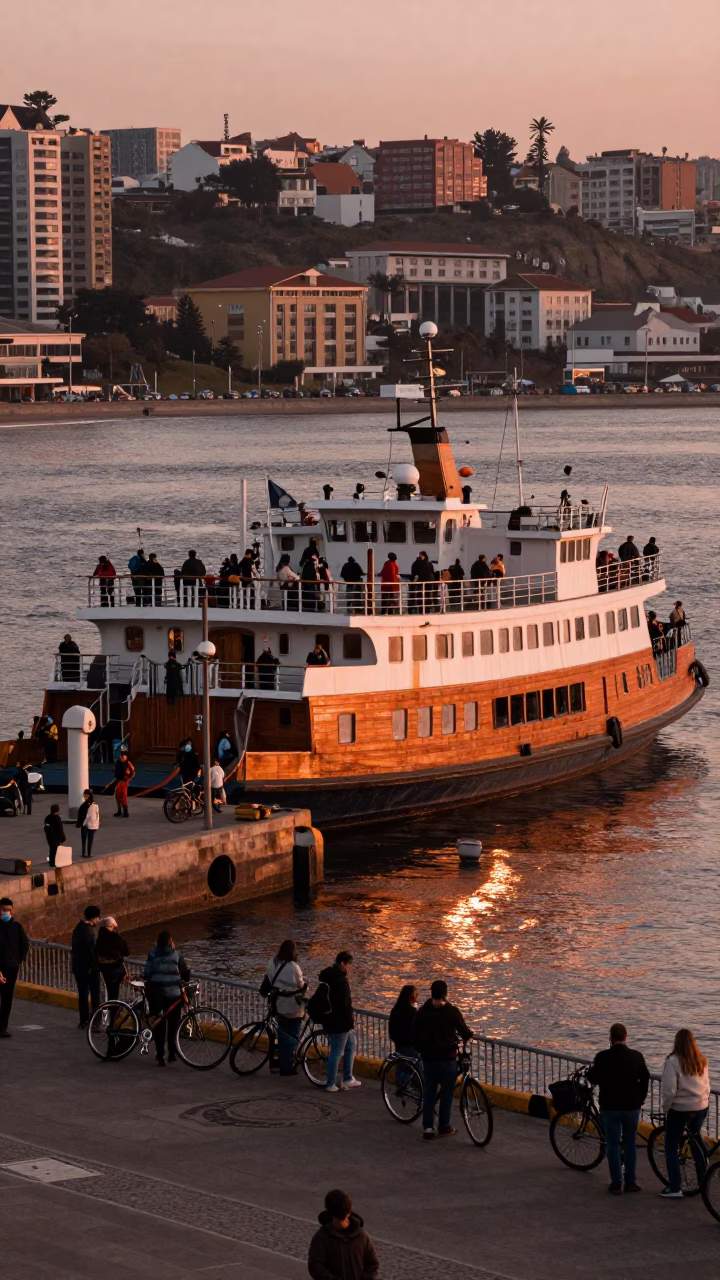 Ferry Docking in Valparaiso at Copper-toned Light Before Dusk in in Valparaiso, Chile
