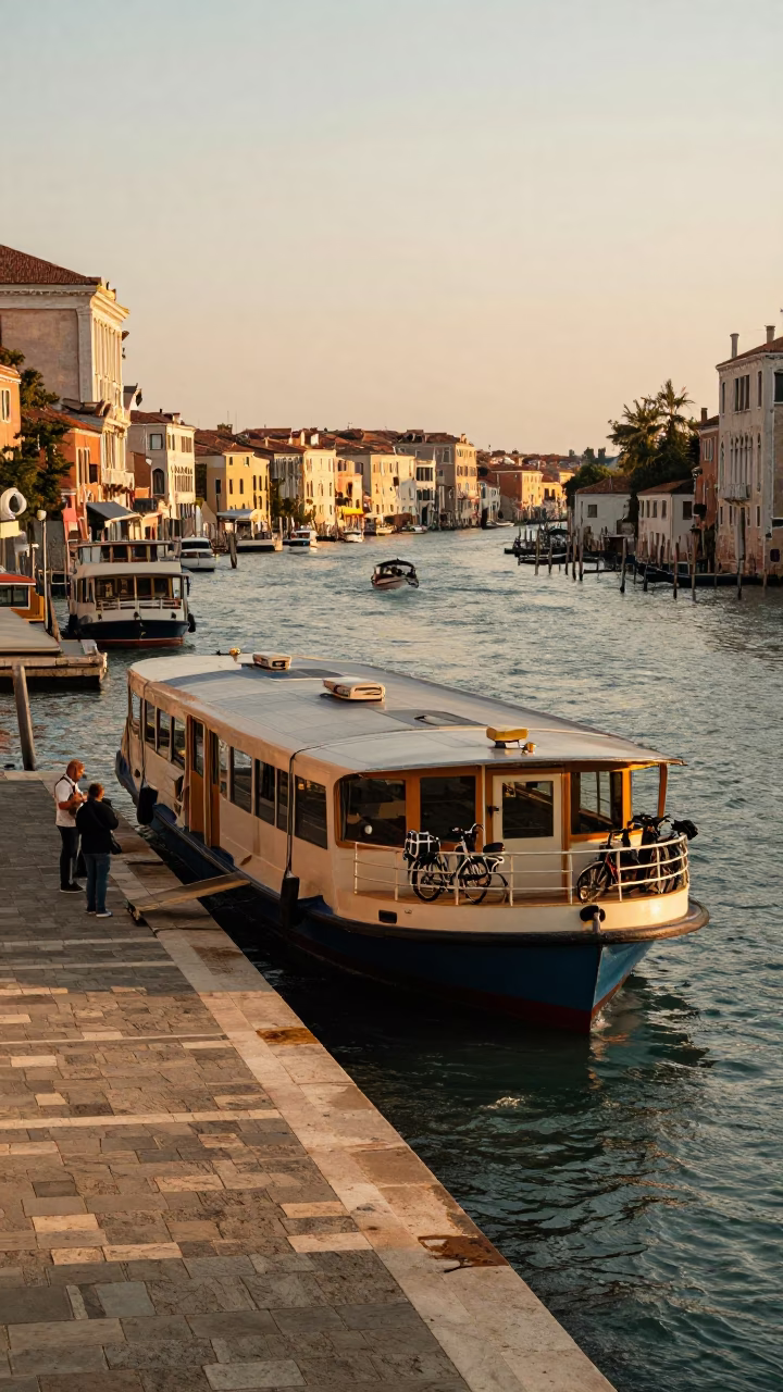 Ferry Docking in Venice at Honeyed Evening Light in in Venice, Italy