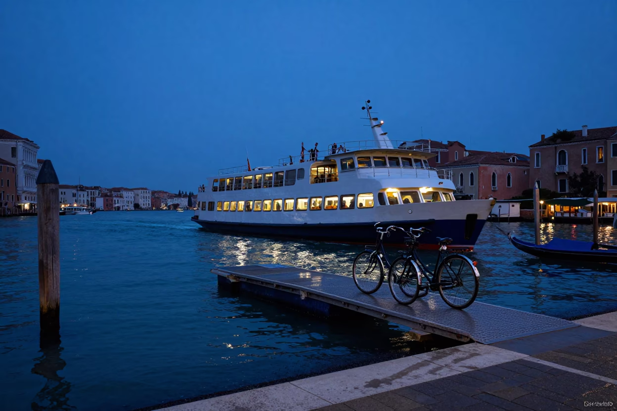 Ferry Docking in Venice at Indigo Twilight After Sunset in in Venice, Italy