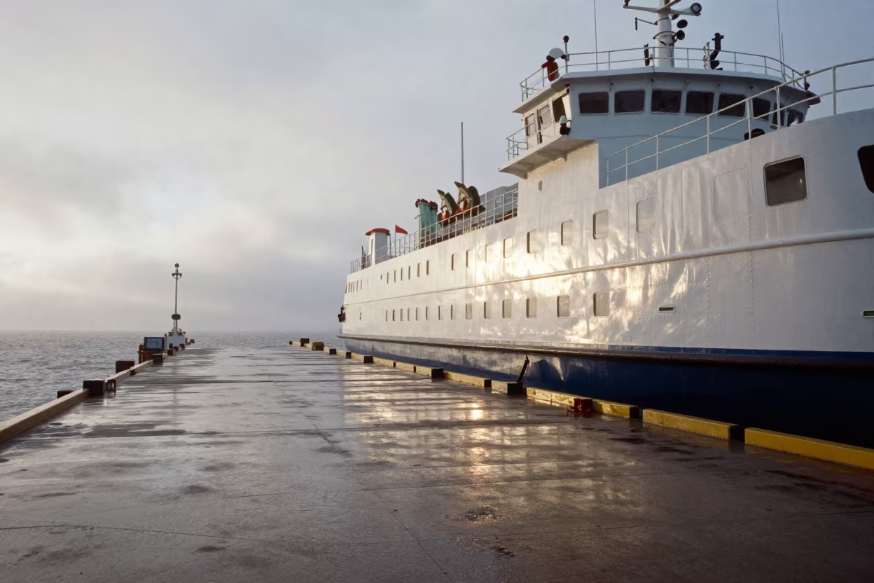 Ferry at Foggy Mongolian Harbor Mouth in beside a fogbound harbor mouth in Mongolia