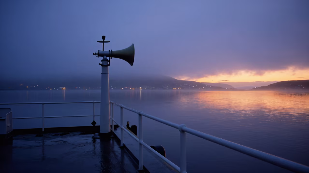 Ferry Horn Sounding in Arctic Summer Fog in across a remote ferry crossing in Iceland