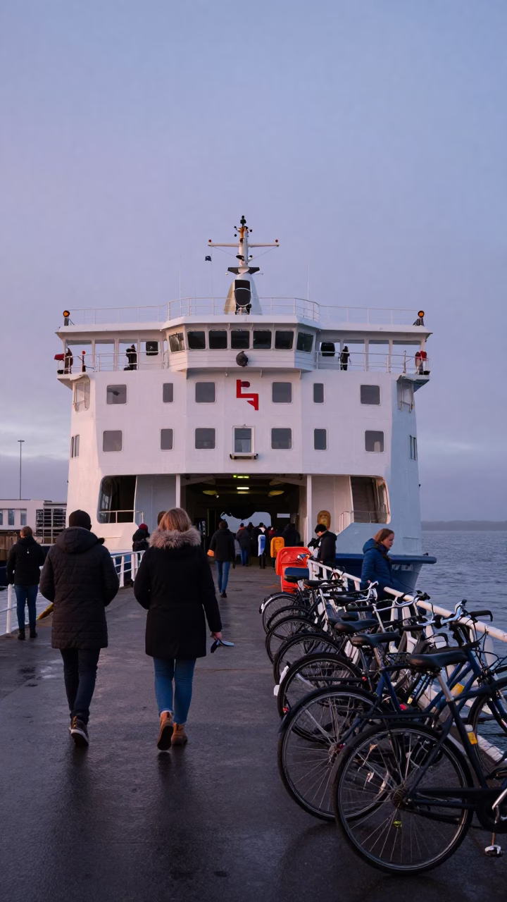 Ferry Loading Passengers and Bicycles at Dawn in Edinburgh Scotland in in Edinburgh, United Kingdom