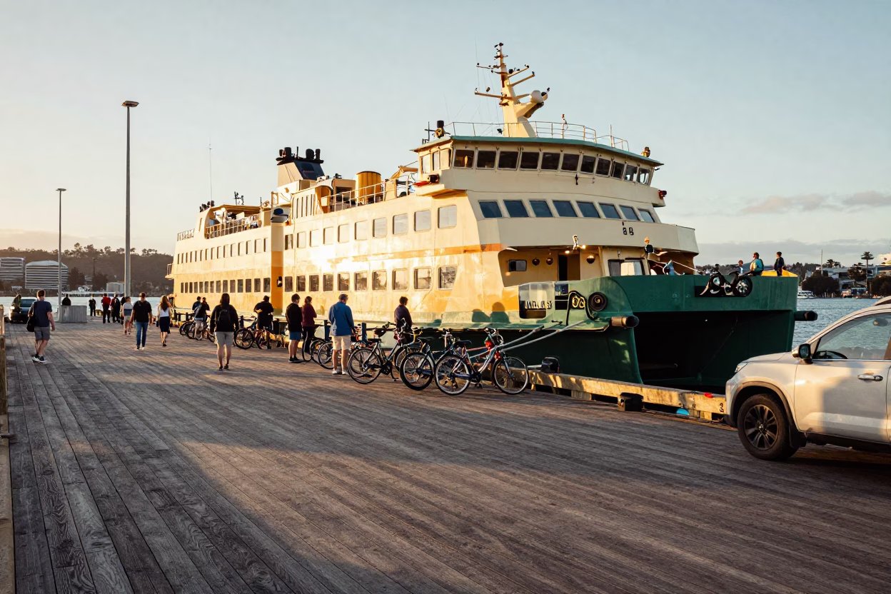 Ferry Loading Passengers and Bicycles at Dock in Hobart Tasmania During Honeyed Evening Light in in Hobart, Tasmania, Australia
