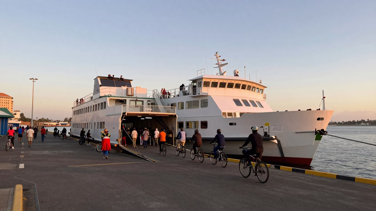Ferry Loading Passengers and Bicycles at Durban Harbour Late Morning in in Durban, South Africa
