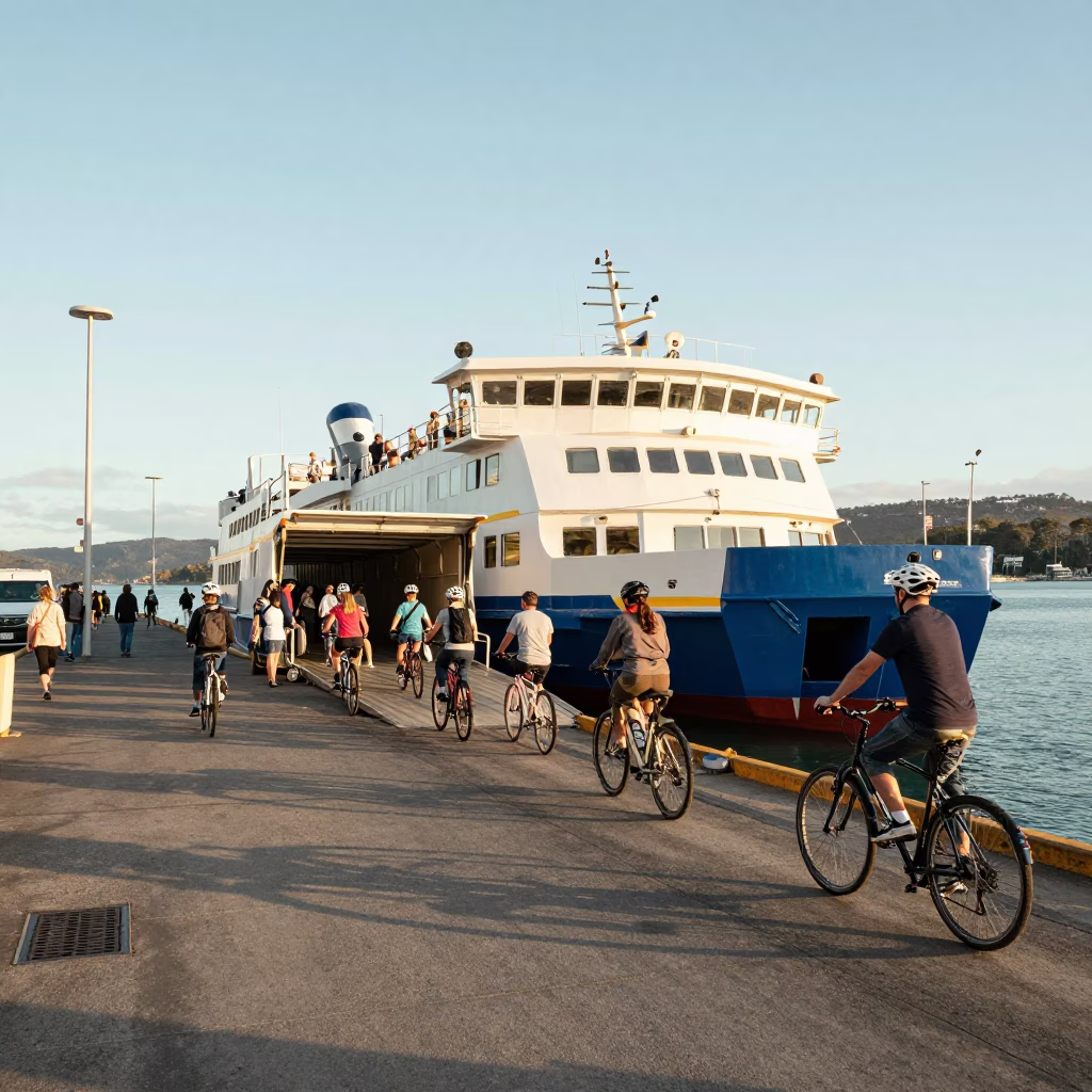 Ferry Loading Passengers and Bicycles at Hobart Dock in Late Morning Light in in Hobart, Tasmania, Australia